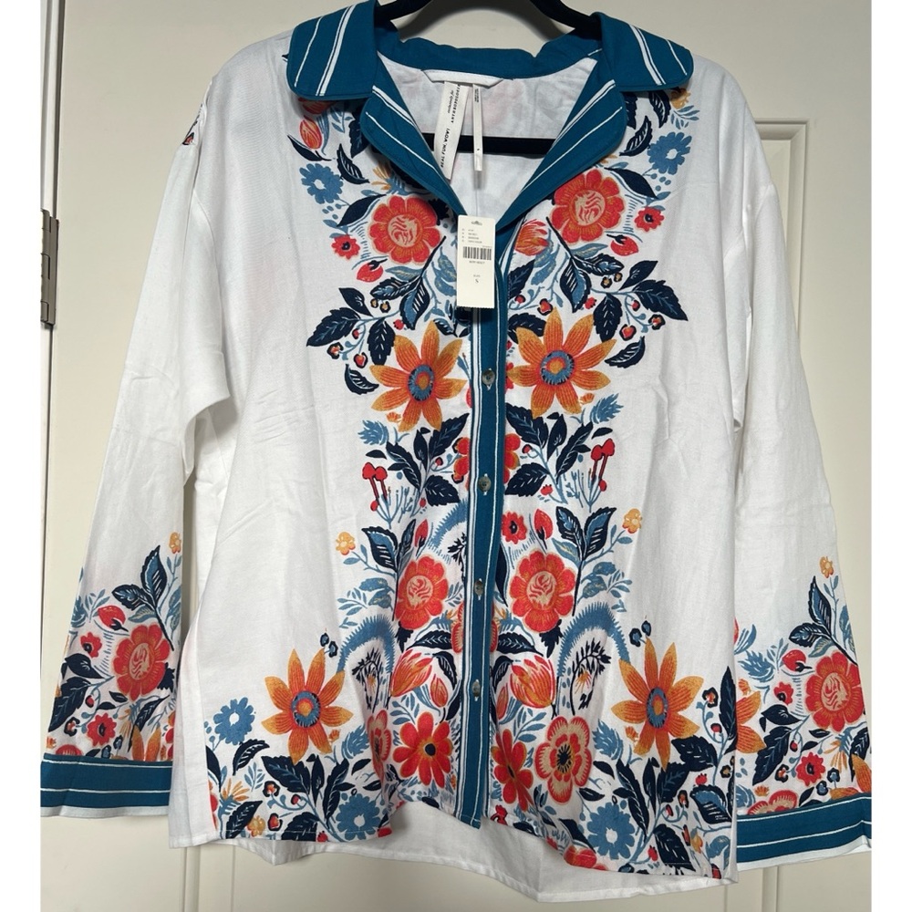 Anthropologie White and Blue Sleepwear Top